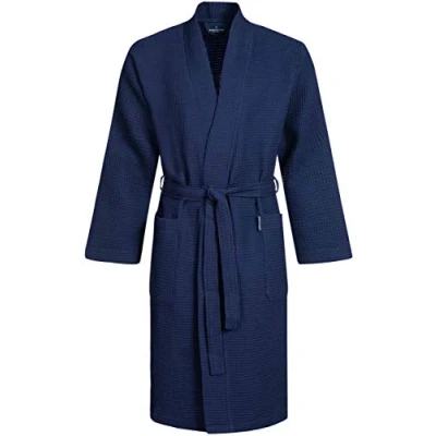 Image of Morgenstern Dressing Gown Men Waffle 100% Cotton Lightweight Kimono Bathrobe Navy Blue L