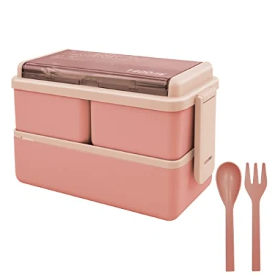 Image of Jsdoin Bento Lunch Box Stackable,1400ml Containers with 3 Removable Compartments and Cutlery, Leak Proof 2 Layer Boxes, for Adults Kids Office Microwave Dishwasher Safe Available(pink)