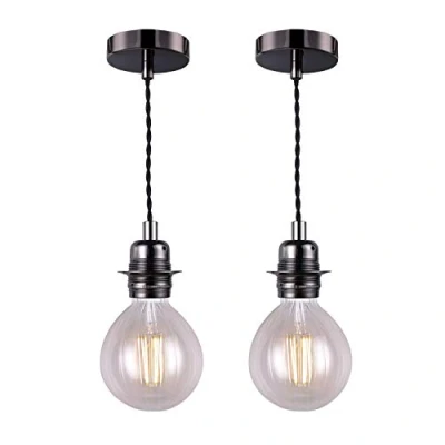 Image of Vintage Pendant Light Fitting, Black Finish Retro Style E27 Lamp Holder, Ceiling Rose with Braided Twisted Cable 2 Pack of KIT04BLK