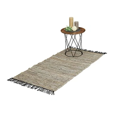 Image of Relaxdays Leather &amp; Cotton Runner Rug, with Fringes, Non Slip, for Livingroom, Bedroom or Hallway, 70 x 140 cm, Grey, Real, 70x140 cm