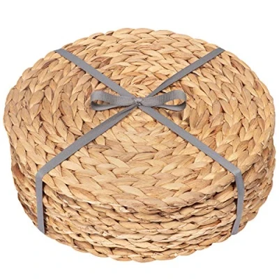 Image of Dehaus® Round Placemats Set of 6, 30cm Water Hyacinth Table Mats Luxury Quality Woven Wicker Place Natural Handmade Wooden Seagrass Kitchen Dining Accessories