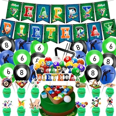Image of Billiards Party Decorations Birthday Supplies Includes Happy Banner, Cake Topper, Cupcake Toppers, Balloons for Theme Sports