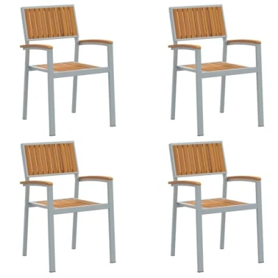 Image of vidaXL Outdoor Chairs 4 Piece Set Grey Powder Coated Steel &amp; Wood Lounger; Balcony, Patio, Garden