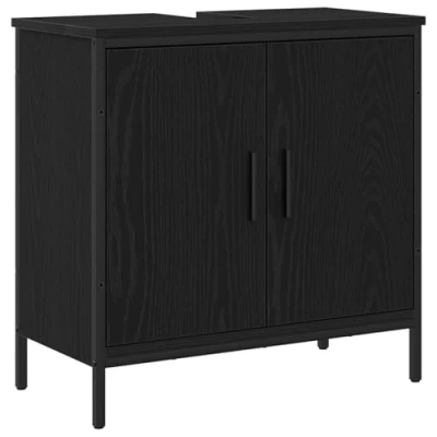 Image of vidaXL bathroom sink cabinet black oak vanity unit engineered wood &amp; metal matte finish 2 doors rectangular shape contemporary furniture