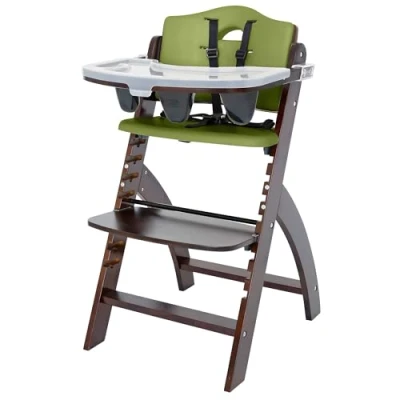 Image of Abiie Beyond Junior Wooden High Chair with Tray Convertible Baby Highchair Adjustable for Babies/Toddlers/6 Months up to 250 Lb Stain &amp; Water Resistant Natural Wood/Olive Cushion