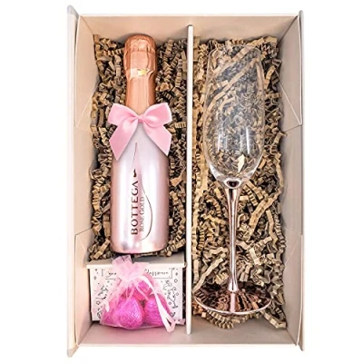 Image of Bottega Rose Gold Spumante Sparkling Wine 20cl Gift Set With Pink Champagne Flute, Chocolates And Box Congratulations or Thank you Personalised Message (Metallic Stem)