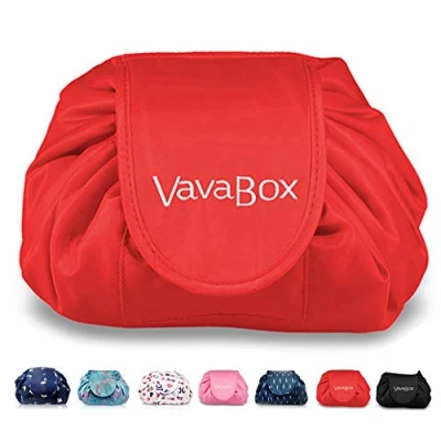 Image of Lazy Drawstring Makeup Bags, Large Capacity Waterproof Travel Portable Cosmetic Bag Pouch Storage Organiser for Women Girl (Red)