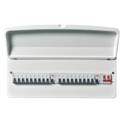 Image of Excel 24 Way Metal Clad Consumer Unit Populated Split Load c/w 100A Main Switch + 2x80A Type A RCD (6x6A,1x10A,3x16A,6x32A,2x40A MCB’s) E2418TR