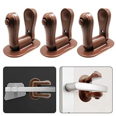 Image of 3 Pack Door Lever Lock SACONELL Brown Handles Adhesive Child Safety Baby Proofing Locks for Cabinet, Cupboard, Window, Drawer and Dresser Closet