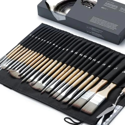Image of ARTIFY 24 Pieces Paint Brush Set, Expert Series, Enhanced Synthetic Set with Cloth Roll for Acrylic, Oil, Watercolor and Gouache (Birch)