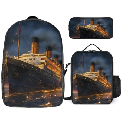 Image of Titanic Cruise Ship Voyage 3PCS Laptop Backpack Set 17 Inch Lightweight Daypack with Lunch Box Pencil Case for Travel Work