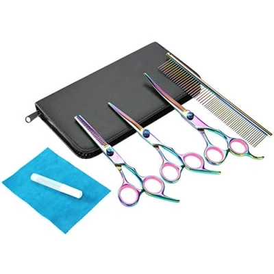 Image of Pet Grooming Scissors Kit, 6 Piece Stainless Steel Colorful Tool Set, Hair Cutting Thining Curved Hairdressing Shear, Comb