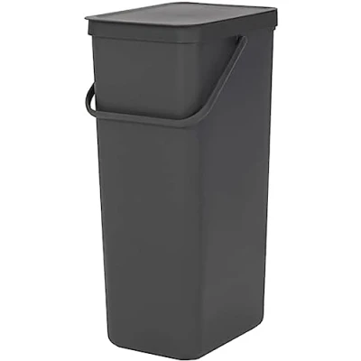 Image of Brabantia Sort &amp; Go Kitchen Recycling/General Waste Rubbish Bin (40L / Grey) Stackable Refuse Organiser with Handle Removable Lid, Easy Clean, Free PerfectFit Bags Included