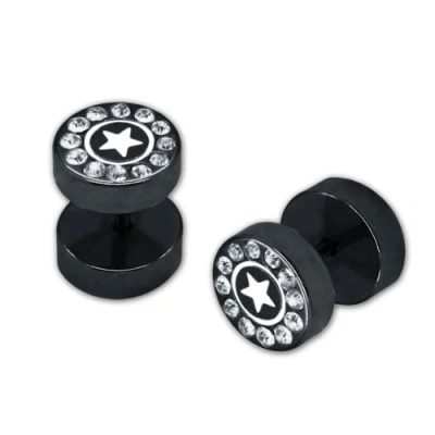 Image of Soul Cats® 2 Fakeplugs Star Strass Stainless Steel Cubic Zirconia Fake Plug Tunnel Piercing, Color: Black