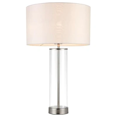 Image of National Lighting Aurora Modern Bright Nickel Touch Dimmable Sensitive Control Bedside Table Lamp with White Fabric Shade and Clear Glass Base
