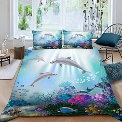 Image of Lolosale Dolphin Bedding set 3 pieces Duvet Cover SingleKids Children Teens Adults 3D Printed Underwater World Soft Comforter w/ Zipper 1 Quilt + 2 Pillowcases,Single(135x200 cm)