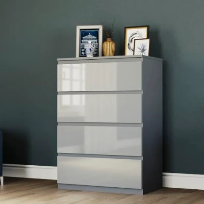 Image of Vida Designs Glinton High Gloss Chest of Drawer, 100% FSC Certified Drawers for Clothes Closet Organizers and Storage Cabinet Hallway, Entryway (Grey, 4 Drawer)
