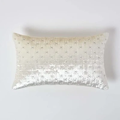 Image of HOMESCAPES Cream Rectangular Crushed Velvet Cushion Cover with Embroidered Design Super Soft Off White Luxury Decorative Scatter 30 x 50 cm Throw Pillow for Sofa or Bed Zip Closure