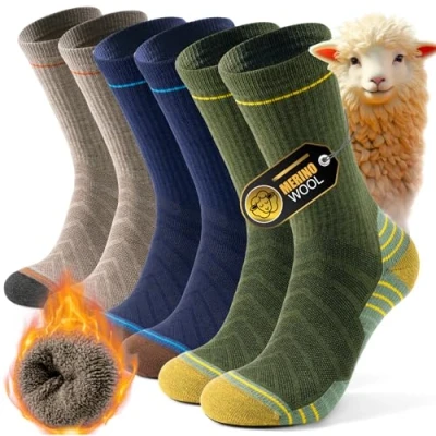 Image of Alaplus Mens Thermal Socks Womens Merino Wool Thick Warm Winter Cushioned Crew for Work Hiking Walking Skiing Running and Outdoor Sports, 3 Pairs