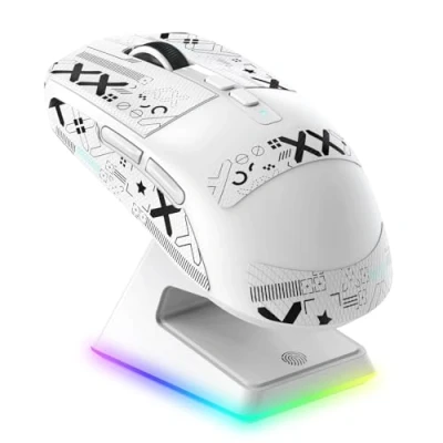 Image of VGN GAMEPOWER ATTACK SHARK X6 SUPERLIGHT Wireless Gaming Mouse with RGB Charging Dock, 49g Ultralight Mice, 26000DPI, PixArt PAW3395, 2.4G/USB C Wired/Bluetooth, G502, 200Hrs Battery, Grip Tape, White