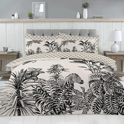 Image of Night Comfort Monochrome Zebra Palm Reversible Duvet Cover Set With Pillowcase Bedding Set, Double
