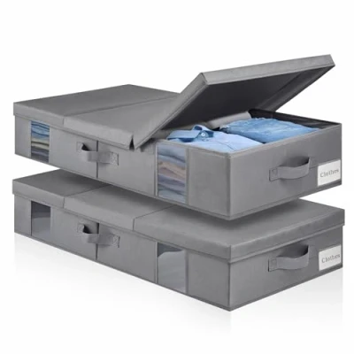 Image of BOSNONA Under Bed Storage Box with Lid Foldable Underbed Boxes Visual Window Reinforced Handles Clothes for Blankets Duvets Pillows Bedding (Grey, 2 Pack)