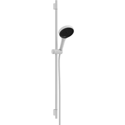 Image of hansgrohe Rainfinity water saving shower set, head (EcoSmart) with rail 52cm, holder and Designflex textile hose 160cm, hand 3 sprays, matt withe, 28744700, 28744700
