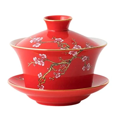 Image of YBK Tech 10oz Large Gaiwan, Porcelain Kung Fu Tea Cup and Saucer with Lid, Chinese Traditional Sancai Bowl Embossed Plum Patterns (Red)
