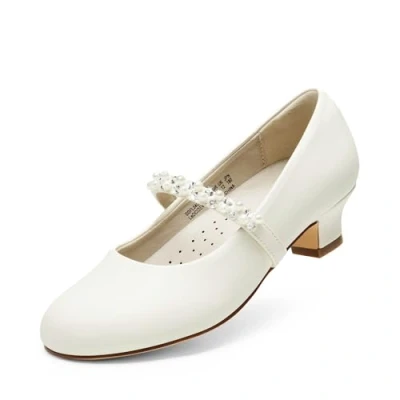 Image of DREAM PAIRS Girls Party Shoes Low Heels for Little Big Girl Mary Jane with Pearl Rhinestones Flower Pumps Princess Wedding,Size 10 Kid,Ivory/pu,SDFL2403K