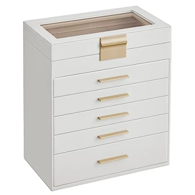 Image of SONGMICS Jewellery Box with Glass Lid, 6 Tier Organiser, 5 Drawers, for Sunglasses, Big Jewellery, Storage, Modern Style, Cloud White and Gold Colour JBC171W01