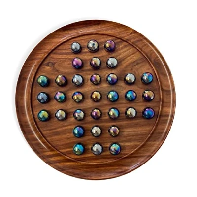 Image of 30cm Diameter wooden solitaire board game with LUSTERED BLUE GLASS MARBLES classic strategy