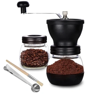 Image of PARACITY Manual Coffee Bean Grinder with 2 Glass Jars(11oz Each), Hand Mill Ceramic Burr, Crank/Handheld, Small Portable Grinders Brush/Spoon for Camping