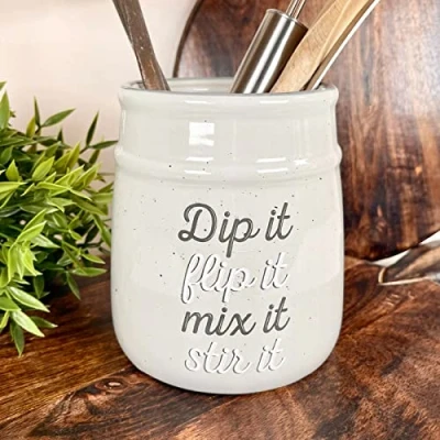 Image of Darthome Ceramic Utensils Crock Holder Speckled Grey Kitchen Storage Organiser Pot Caddy Jar