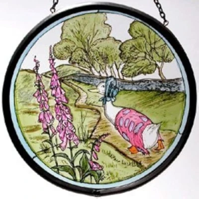 Image of HENSITA Decorative Hand Painted Stained Glass Window Sun Catcher/Roundel in Beatrix Potter&#039;s Jemima Puddleduck Design