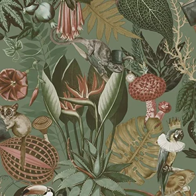 Image of Holden Wonderland Wallpaper Tropical Exotic Animals Sage Green/Multi 13401