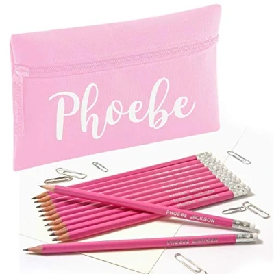 Image of Zip Pencil Case with Name and 12 Embossed HB Eraser Tipped Pencils (Pink)