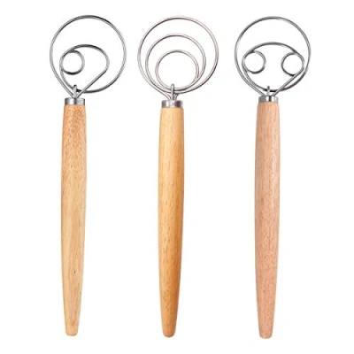 Image of Danish Dough Whisk Set, DBAILY 3pcs Egg Beater with Wooden Handle Professional Stainless Steel for Kitchen Baking Cake Dessert Sourdough Pizza