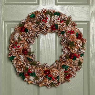 Image of 50cm Hanging Christmas YuleFest Wreath with Red Baubles &amp; Snow Tipped Pine Cones