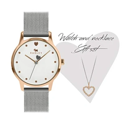 Image of RADLEY Heart Dial Ladies Silver Stainless Steel Mesh Strap Contrast Hand Watch with Necklace RY4411A