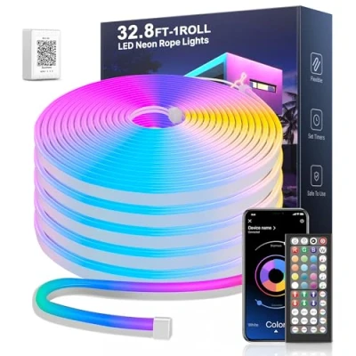 Image of 10M Led Neon Rope Lights, Flexible RGB Strip Lights with App/Remote Control, Music Sync Colour Changing Gaming Waterproof for Bedroom Home Decor