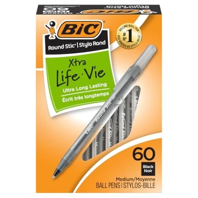 Image of BIC Round Stic Xtra Life Ballpoint Pens, Medium Point (1.0mm), Black, 60 Count Pack, Flexible Barrel For Writing Comfort (GSM609 BLK)