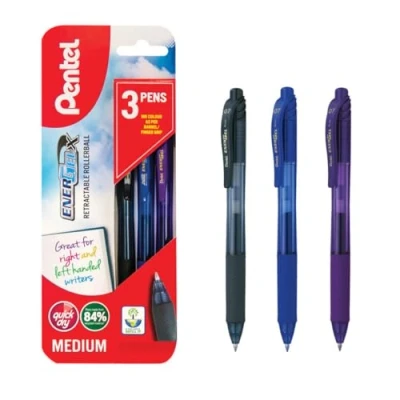 Image of Pentel Energel XBL107/3 ACV Triple Blister Pen, 0.7 mm Black/Blue/Violet (Pack of 3)
