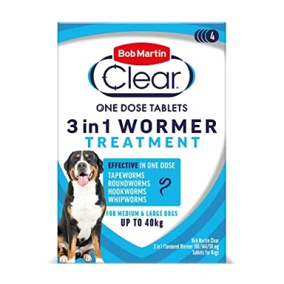 Image of Bob Martin Clear 3 in 1 Wormer For Dogs (4 Tablets) Small, Medium and Large up to 40kg, Clinically Proven Treatment