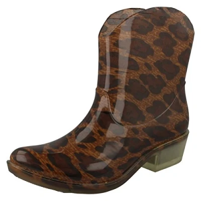 Image of Spot On Chunky Heel Cowgirl Ankle Boot Welly Tan Leopard Size UK 4