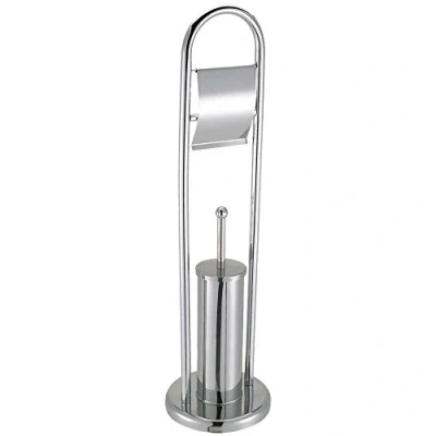 Image of Bath Vida Toilet Brush and Paper Holder Round Base Bathroom Stand, Stainless Steel/Metal
