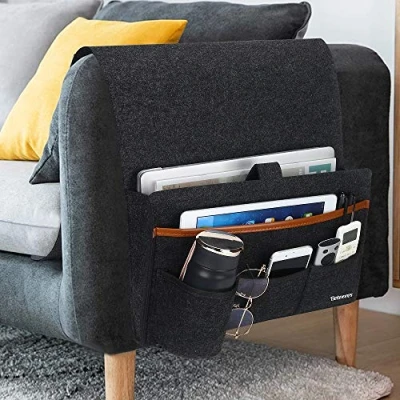 Image of Betoores Armchair Caddy Remote Control Holder for Sofa Couch Chair with Water Bottle Holder, Non Slip Armrest Organizer Magazine, Cell Phone, iPad, Tablet, Charge Cable Dark Grey