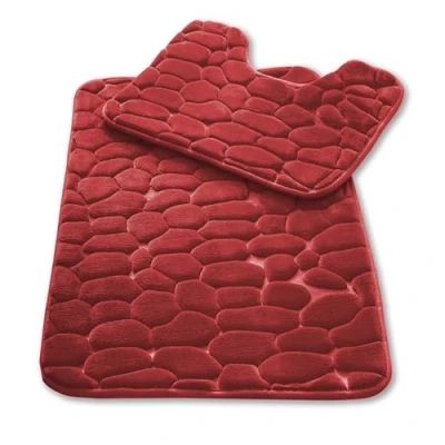 Image of GC GAVENO CAVAILIA Memory Foam Stone Bath Mat Quick Dry, Pebble Non Slip, Ultra Absorbent Washable Bathroom Rug Pedestal Toilet Mats Sets 2 Pieces, Red