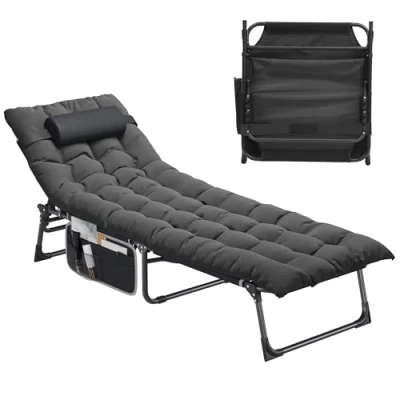 Image of YITAHOME Reclining Sun Lounger with Cushion 190x68x31cm Folding Bed 5 Position Adjustable, Sunloungers Removable Headrest &amp; Side Pocket Load Capacity 300lbs for Garden, Beach, Camping, Black