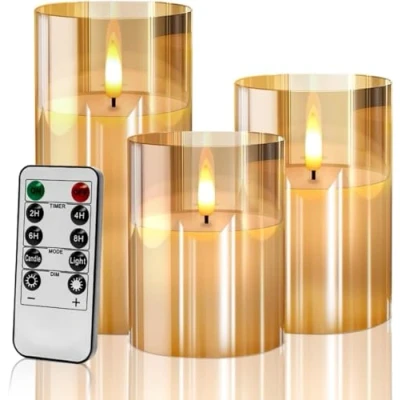 Image of Gold Glass flameless Candles Flickering with Remote, Moving Wick Battery Operated Realistic Warm Light Candle, for Party Wedding Festival Tabletop Decoration, Set of 3