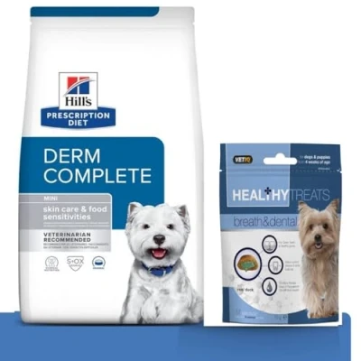 Image of Hills Prescription Diet Derm Complete Mini Dry Dog Food 1kg and Dental Treats